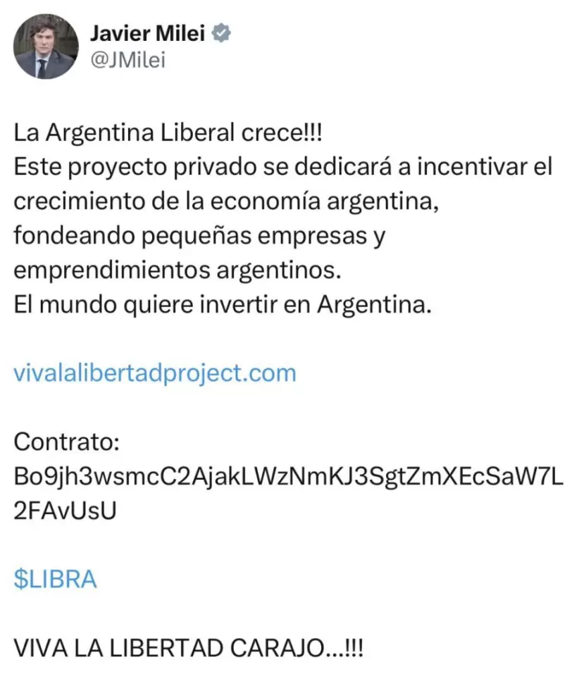La publicación de Javier Milei promocionando $Libra