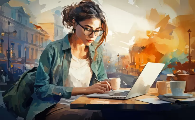 ai generado, mujer, computadora portátil, trabajo remoto, hombre de influencia, escritor de viajes, márketing, comunicación, trabajo remoto, trabajo r