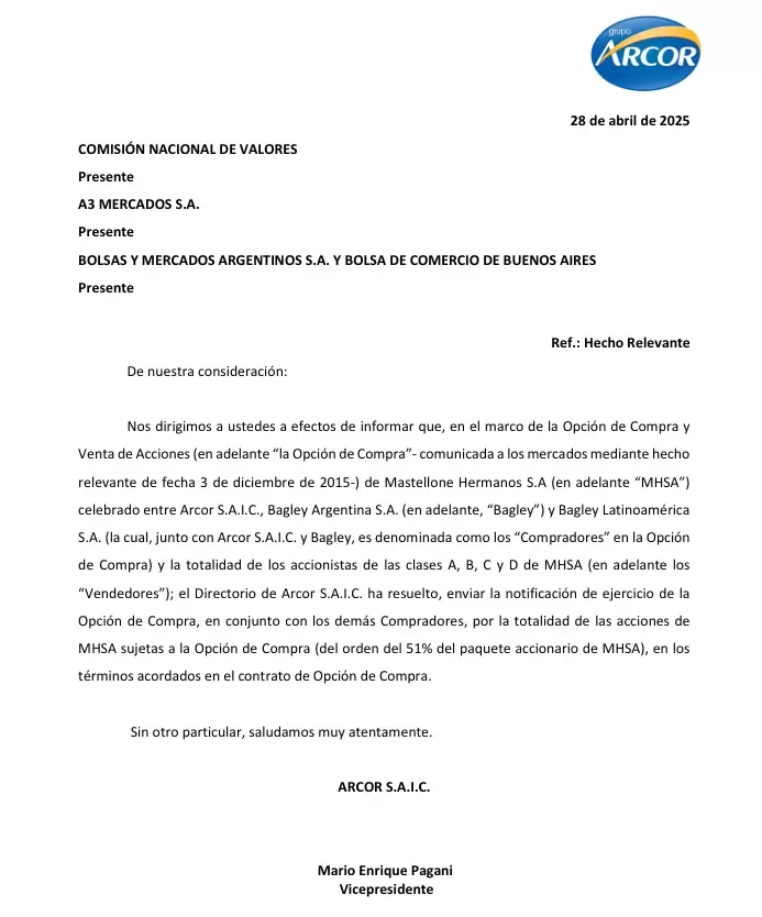 arcor la serenisima a la cnv