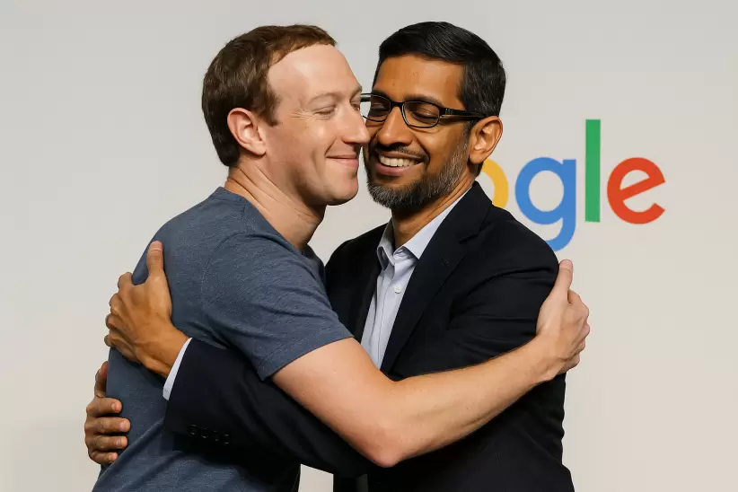 Mark Zuckerberg (Meta) abrazando a Sundar Pichai (Google) - Imagen creada con IA