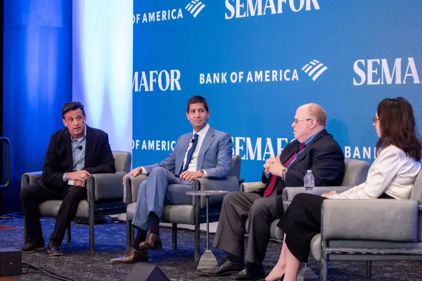 The Semafor 2024 World Economy Summit - Day 2
WASHINGTON, DC - APRIL 18: Jon Hilsenrath, Author, chats with Adam Posen, President, Peterson Institute