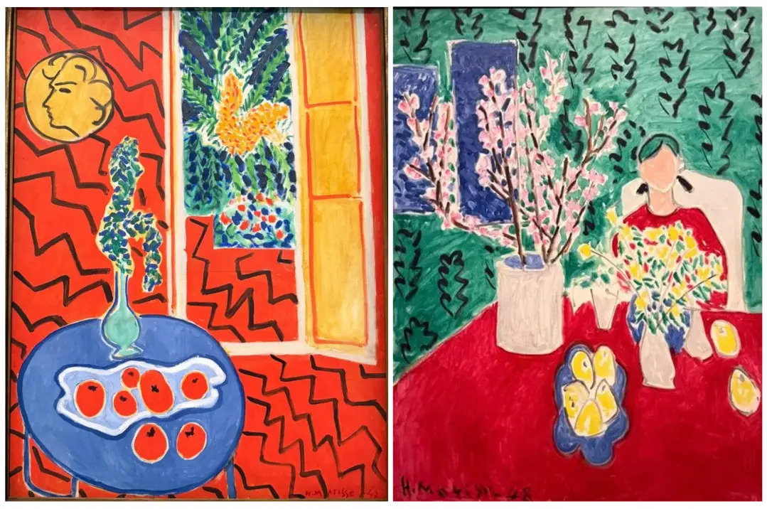 IZQ: "Interior rojo, naturaleza muerta sobre mesa azul", 19
DER: "Flores de ciruelo, fondo verde", 1948. Óleo sobre lienzo. Pinacoteca Agnelli, Turín