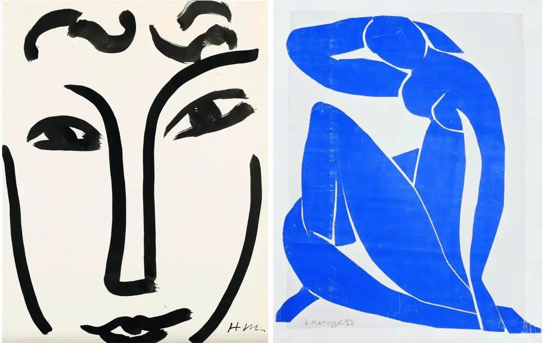 IZQ: "Visage (Rostro)", 1952. Pincel y tinta sobre papel.
DER: 'Nu Bleu II', (Desnudo azul II), 1952