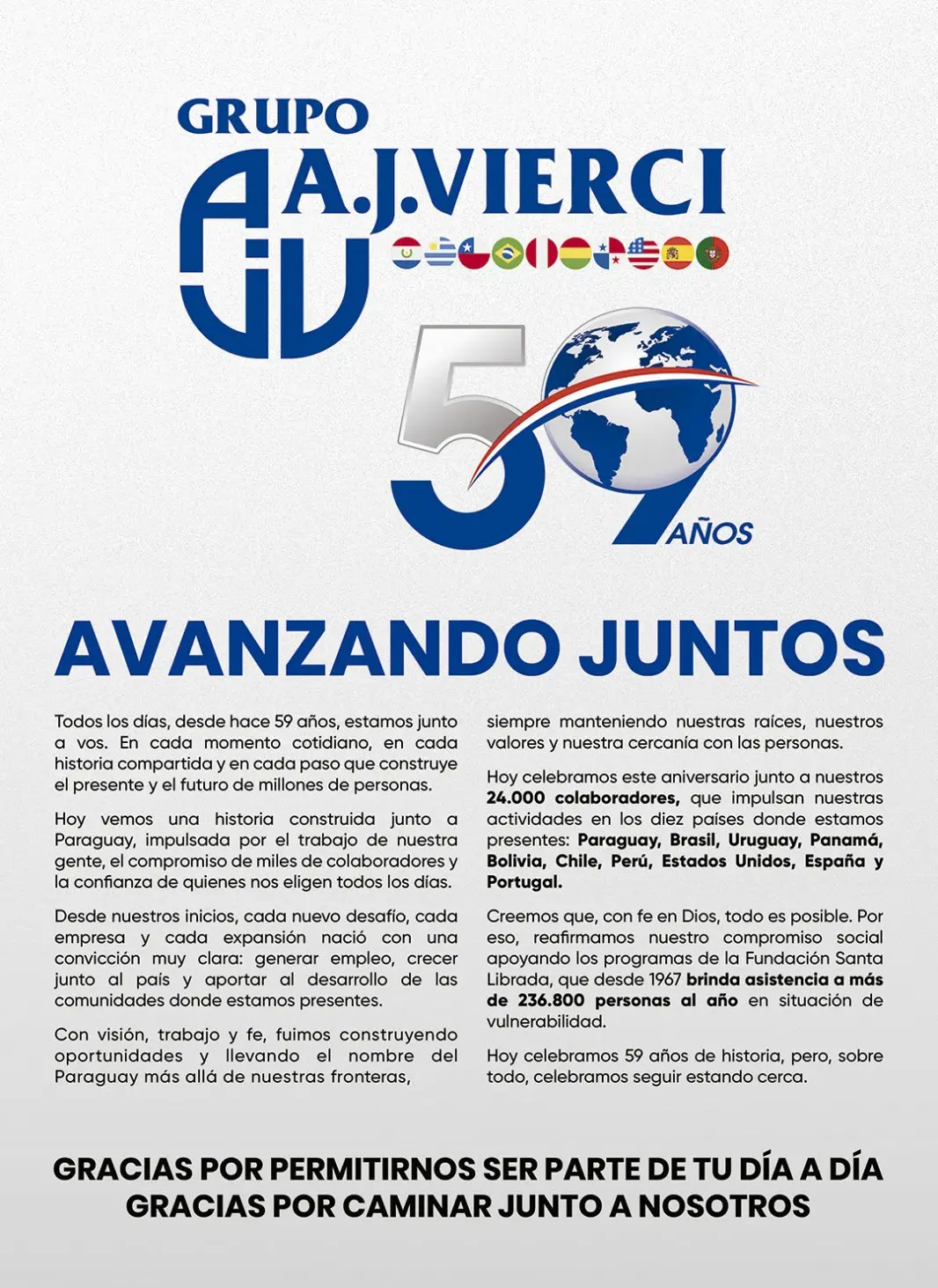 Comunicado emitido por el Grupo A. J. Vierci, en el marco de su aniversario. Foto: Gentileza, Grupo A. J. Vierci